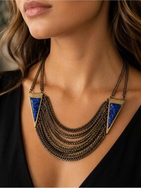 Jenny Bird Brass Multi-Chain Statement Necklace with Blue Lapis Accents